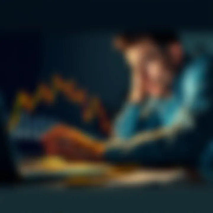 A person looking stressed while reviewing medical bills and a falling Bitcoin chart on a laptop