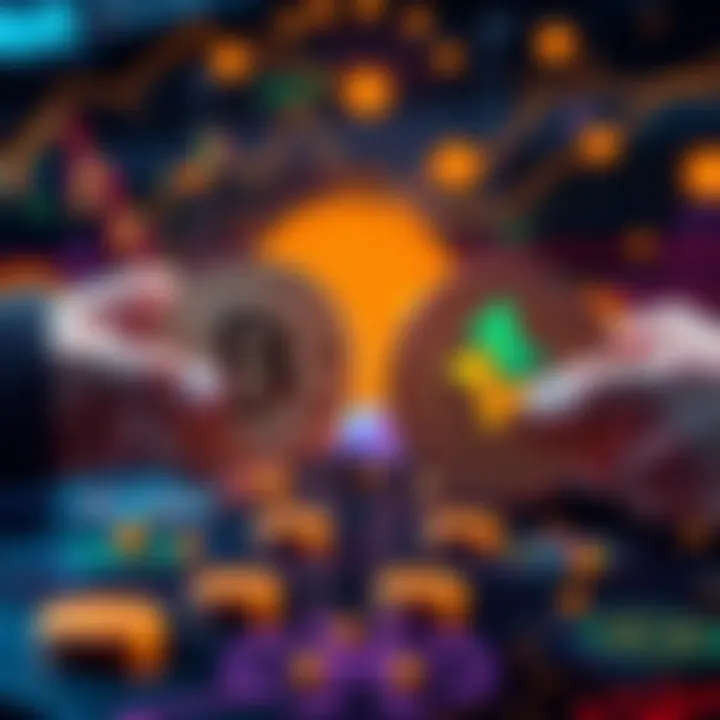 A visual representation of Bitcoin and Raydium Solana Memecoins being exchanged on a decentralized platform, with symbols for safe trading and no KYC requirements