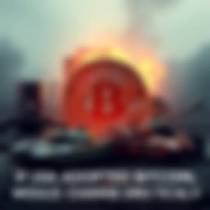 A Bitcoin symbol surrounded by military tanks and oil barrels, representing the impact of cryptocurrency on war funding and oil supply issues.