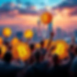 A group of people celebrating their wealth from Bitcoin, holding up large Bitcoin symbols, with a city skyline in the background.