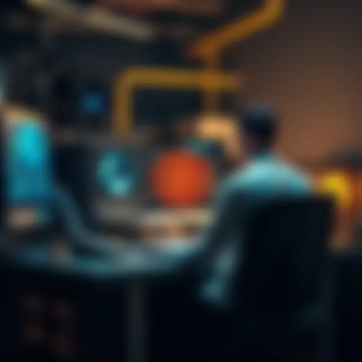 A miner sitting at a desk with a computer rig, surrounded by early Bitcoin mining equipment, showcasing the process of mining Bitcoin in 2011.