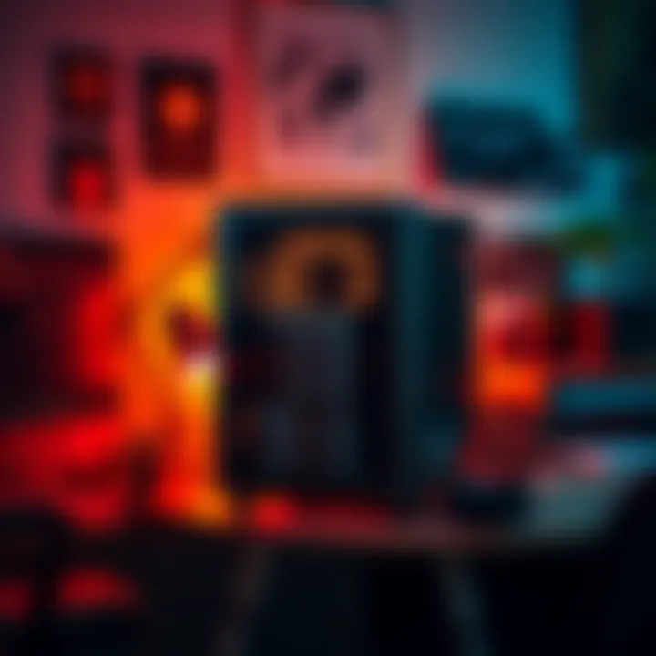A Bitcoin miner device in an office setting, emitting warmth and surrounded by crypto-themed decor.