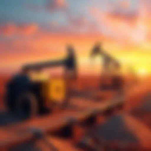 An oil field with Bitcoin mining equipment set up, showcasing a mix of energy production and cryptocurrency technology.