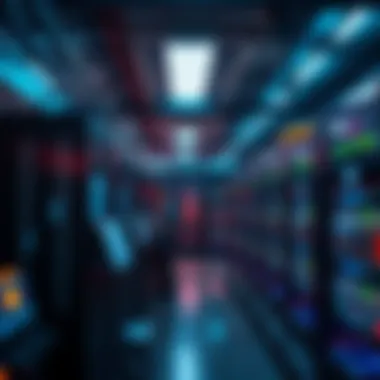 A large cryptocurrency mining farm with numerous computers and servers generating Bitcoin, showing the busy environment and equipment involved in mining.