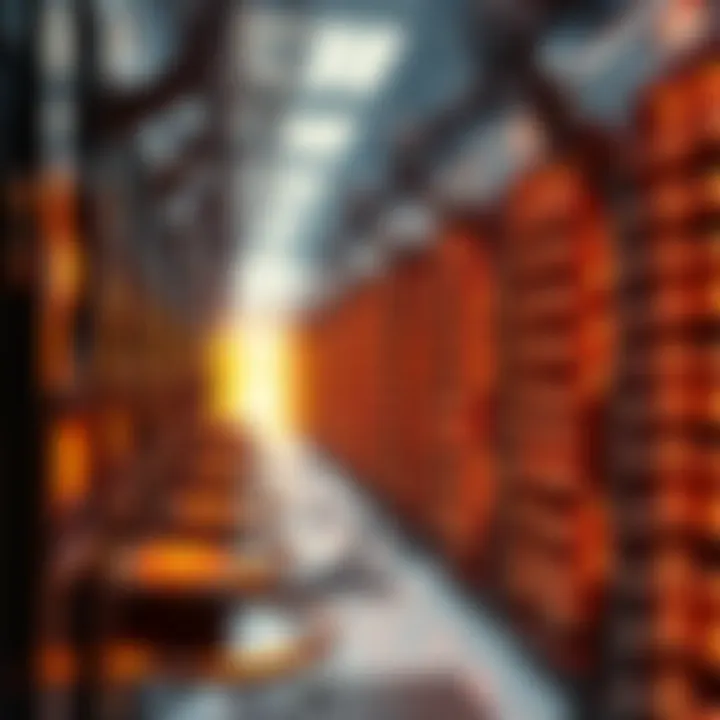 A large room filled with Bitcoin mining rigs working, with bright LED lights and cooling fans, showcasing the intensity of mining activities.