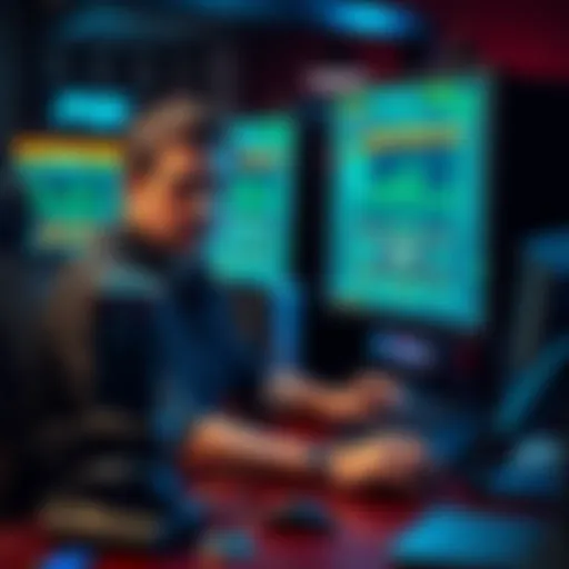 Person mining Bitcoin A person sitting at a computer setup, monitoring Bitcoin mining software and hardware, with a focused expression.