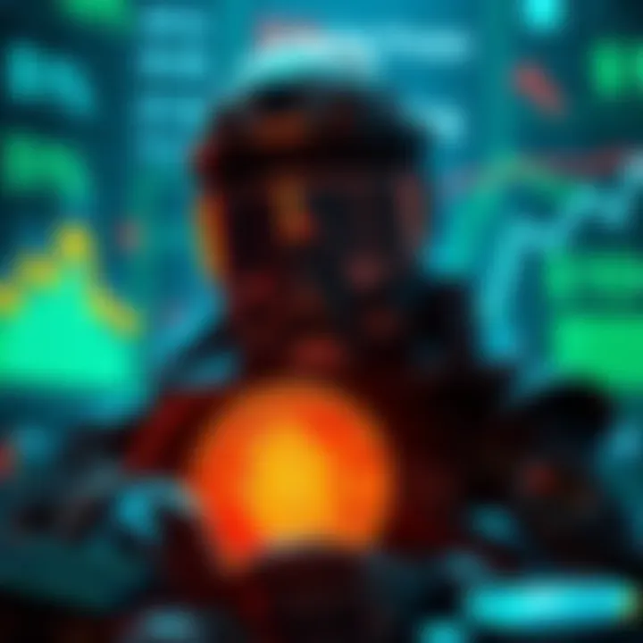 Bitcoin Mining and Security A Bitcoin miner surrounded by graphics showing decreasing profits and security measures, symbolizing the future challenges of mining after halvings.