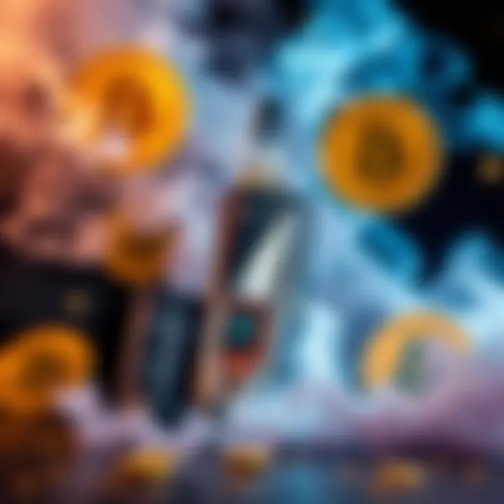 A sleek vape device with a Bitcoin-mining chip visibly integrated, surrounded by Bitcoin symbols and smoke effects to emphasize innovation in vaping.