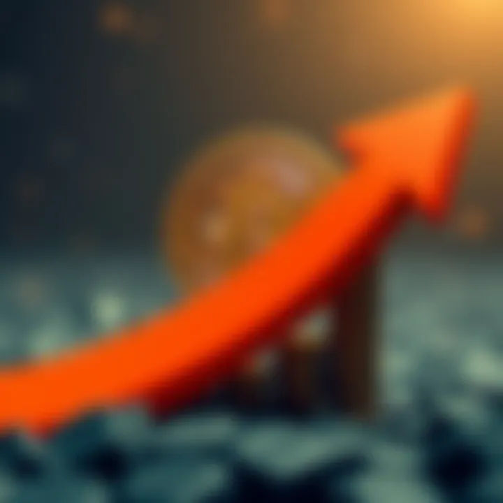 Bitcoin symbol with a large upward arrow, representing its rise over Google's position as the fifth largest asset