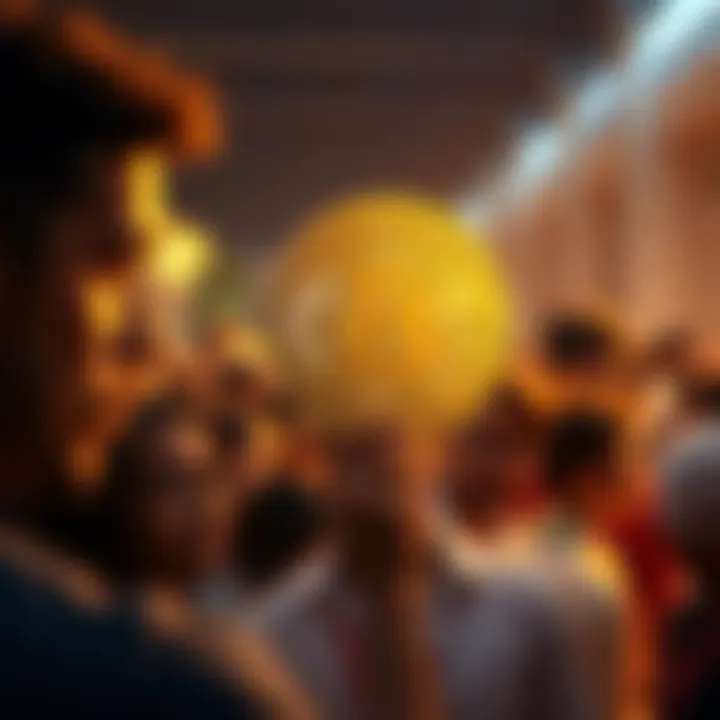 A group of diverse people looking at a digital representation of a Bitcoin, symbolizing interest in owning a whole coin.