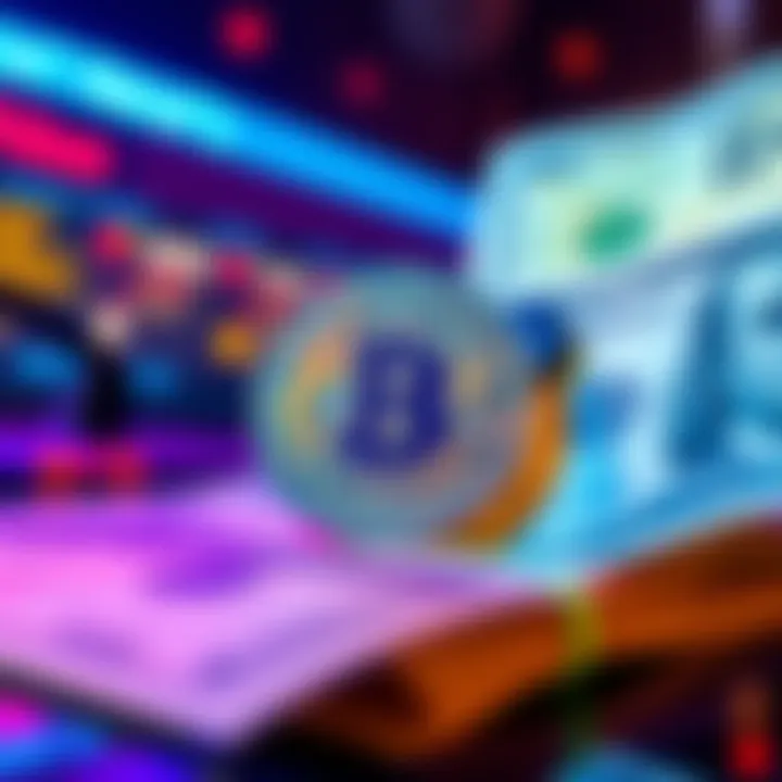 Bitcoin payment concept A digital representation of Bitcoin alongside traditional cash, illustrating a modern payment method