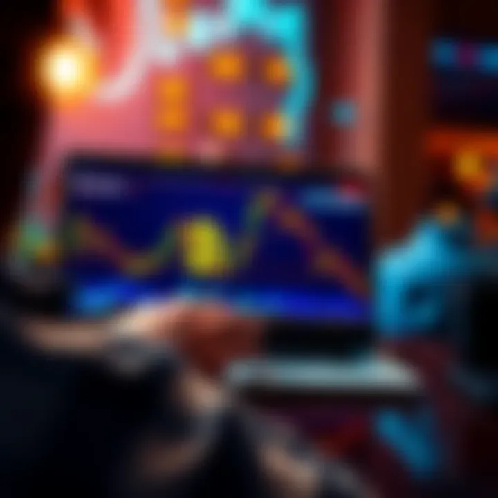 A person looking at a fluctuating Bitcoin chart on a laptop, contemplating whether to hold or sell their investment.