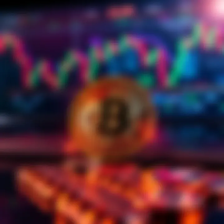 A digital representation of Bitcoin showing a downward trend with a backdrop of financial charts and rising CPI text.