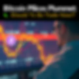 A graph showing a downward trend in Bitcoin prices with a worried trader looking at the screen.