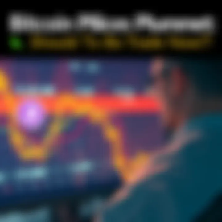 A graph showing a downward trend in Bitcoin prices with a worried trader looking at the screen.
