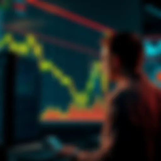 Graph showing sharp rises and falls in Bitcoin prices with a worried investor looking at the screen