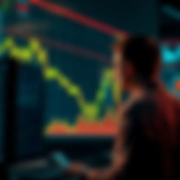 Bitcoin Price Fluctuations Graph showing sharp rises and falls in Bitcoin prices with a worried investor looking at the screen