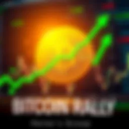 A rising Bitcoin price chart indicating a recent rally, with green arrows showing growth and financial symbols in the background