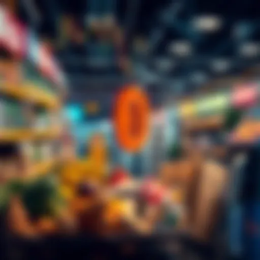 A graphic showing Bitcoin soaring in value, with everyday items in the foreground like groceries and gas.