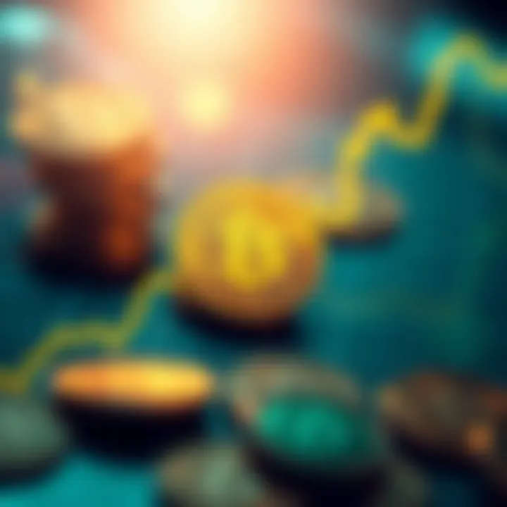 A graphic showing a rising Bitcoin value line on a chart with coins in the background.