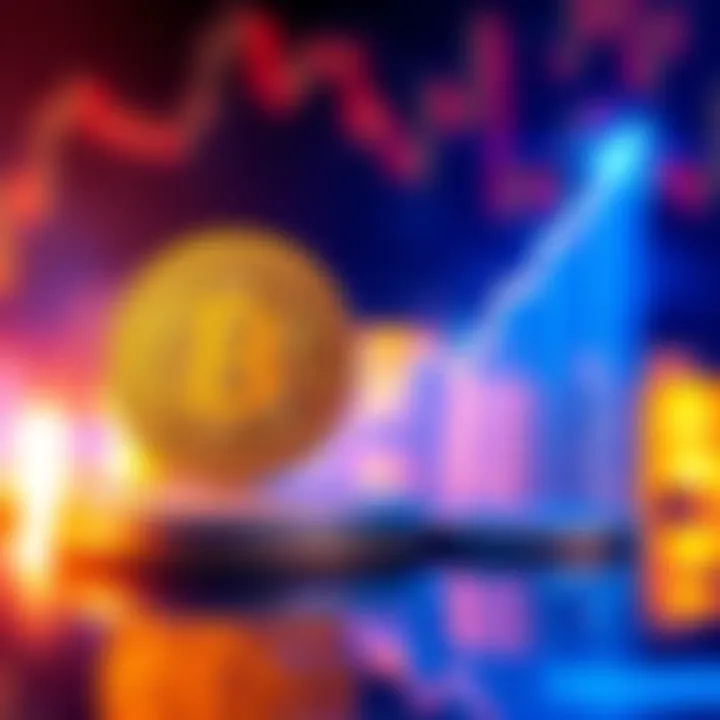 Graph showing rising Bitcoin prices with a background of a digital coin stack