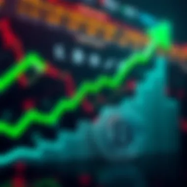 A graph showing a dramatic rise in Bitcoin's value with a green upward arrow and dollar signs