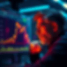 A chart showing Bitcoin prices declining with a concerned investor looking at a screen, symbolizing Michael Saylor's struggle as the cryptocurrency dips.