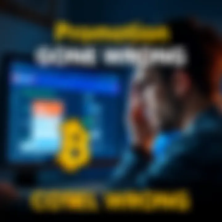 A disappointed person looking at a computer screen showing a missing promotion for Bitcoin rewards, with a dollar sign graphic nearby.