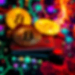 A visual representation of early Bitcoin transactions for illegal substances, featuring a digital wallet and psychedelic patterns, symbolizing the connection to the Silk Road.