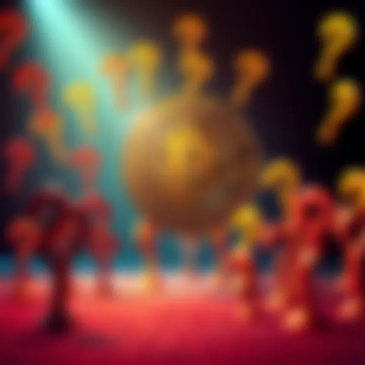 Bitcoin symbol in a questioning setting A Bitcoin symbol surrounded by question marks, showing uncertainty about its value and purpose