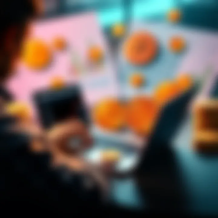 Planning for Bitcoin Retirement A person calculates Bitcoin savings for retirement using a laptop and financial documents, surrounded by growth charts and Bitcoin symbols.