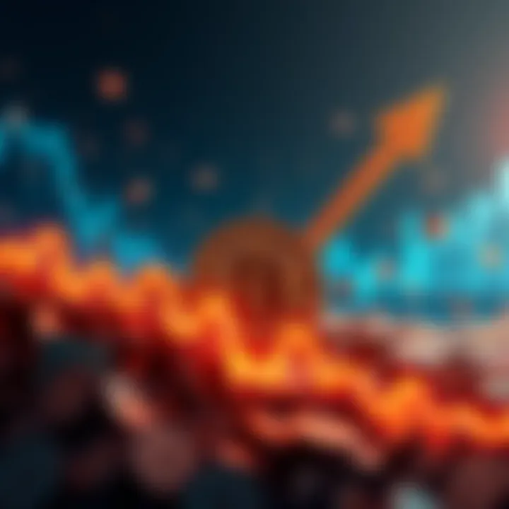 A graph showing Bitcoin's rising value during economic downturns, with a backdrop of falling fiat currency symbols.