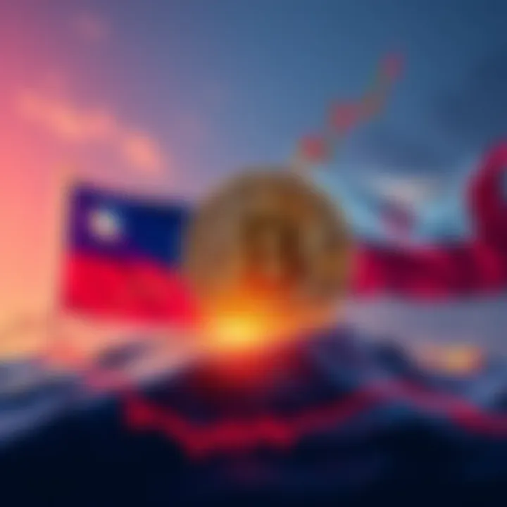 Graph showing Bitcoin price rising with flags of Taiwan and Middle Eastern countries in the background