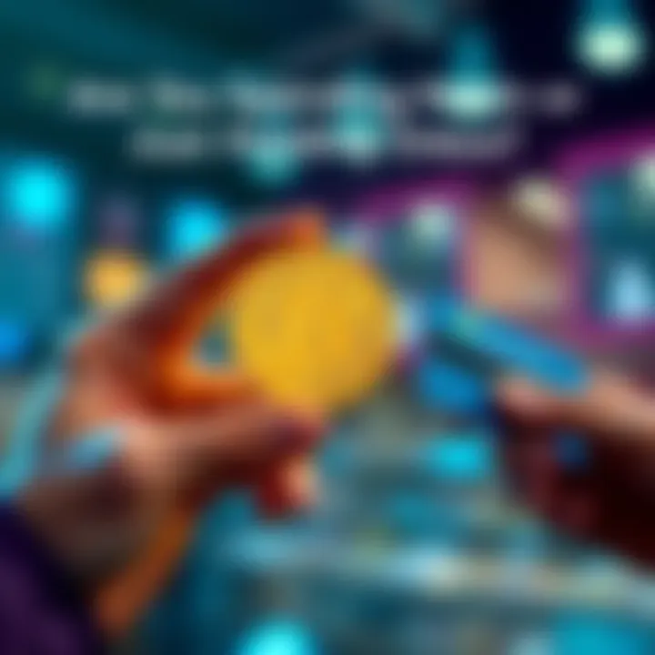 A person holding a Bitcoin coin in one hand and a credit card in the other, contemplating a purchase