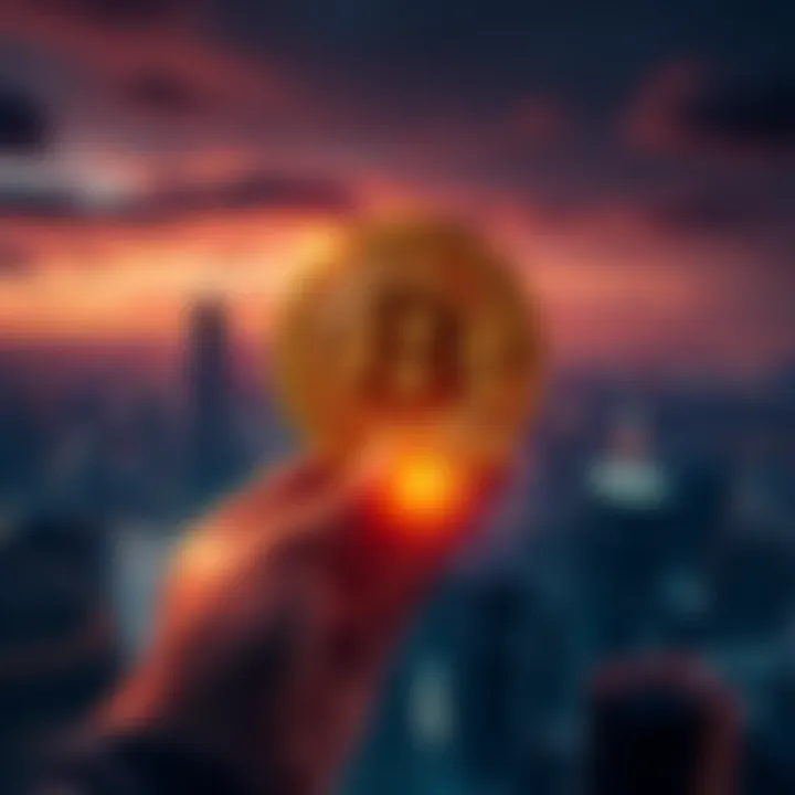 Bitcoin symbol rising above a city skyline, representing strength and resilience during economic turmoil