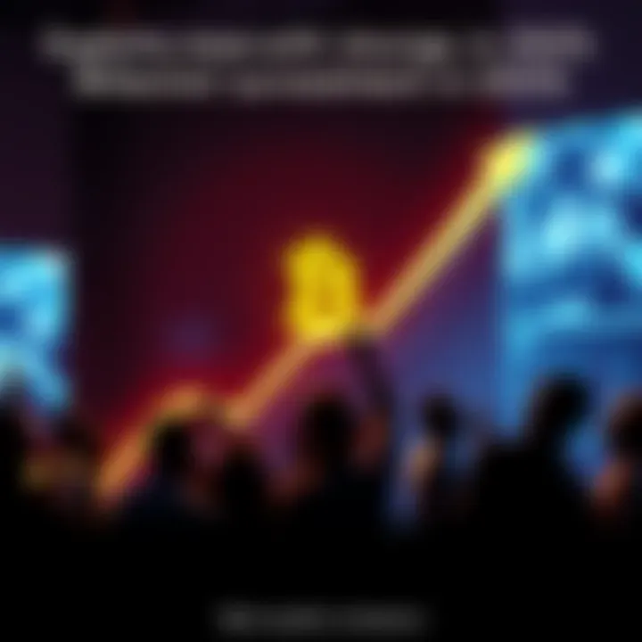 Bitcoin Growth Concept An upward trend graph with the Bitcoin symbol indicating potential growth in 2025, surrounded by excited people discussing investments.