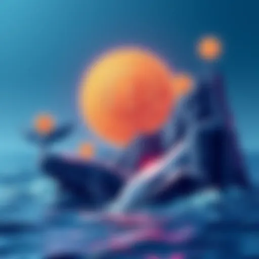 Visual representation of Bitcoin price rising with whale symbols indicating large investors influencing the market.