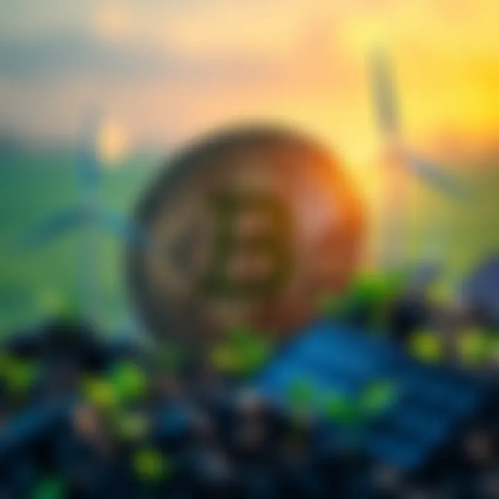 A graphic showing the Bitcoin logo surrounded by green energy symbols like wind turbines and solar panels, indicating a shift to sustainable energy by 2030.