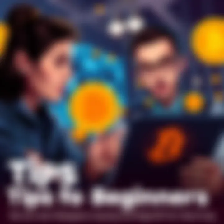 Two people looking at a laptop screen with Bitcoin symbols, discussing tips for buying and learning about cryptocurrency.