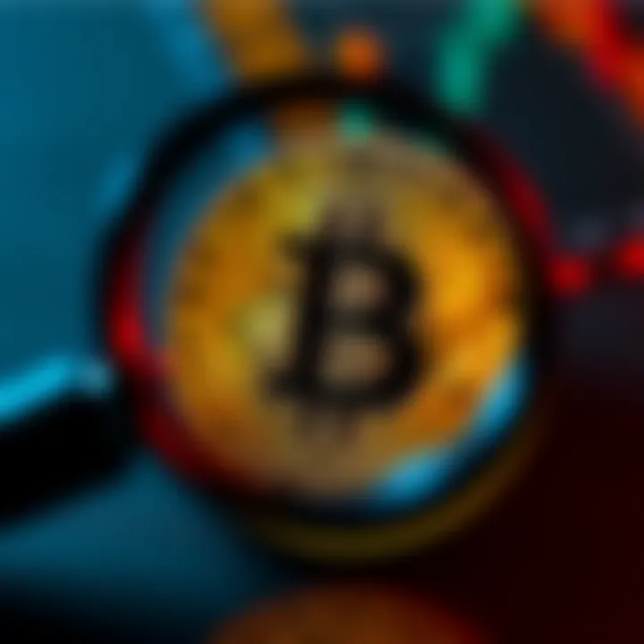 A close-up of a Bitcoin symbol with a magnifying glass showing traces of transactions