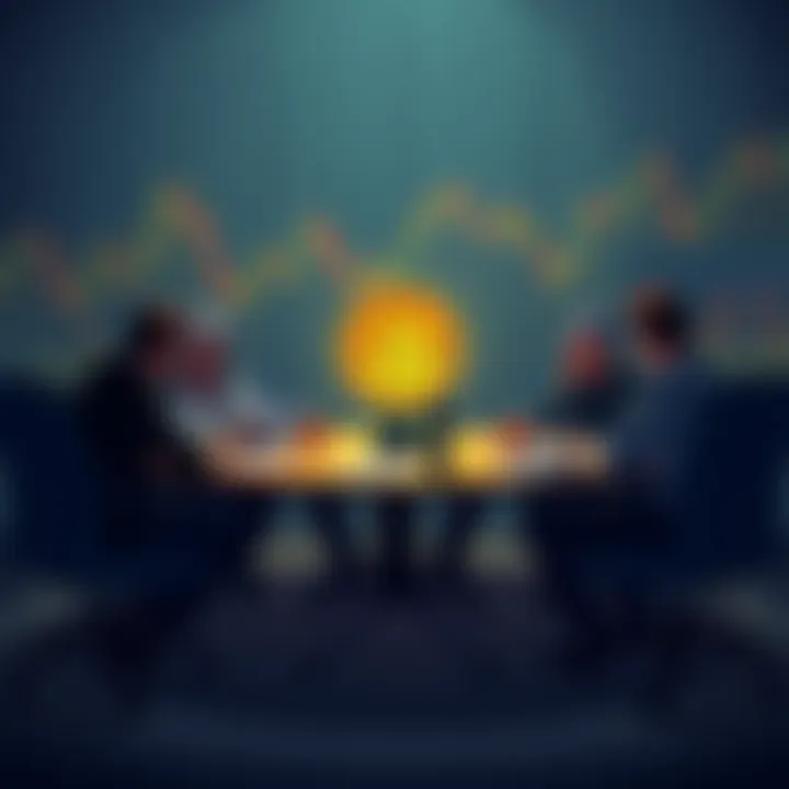 A group of people discussing Bitcoin's role as a hedge against the US dollar at a round table with charts and graphs in the background.