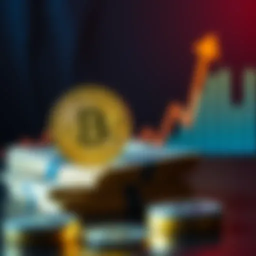 A graphic showing a Bitcoin symbol next to a stack of cash with a rising graph in the background.