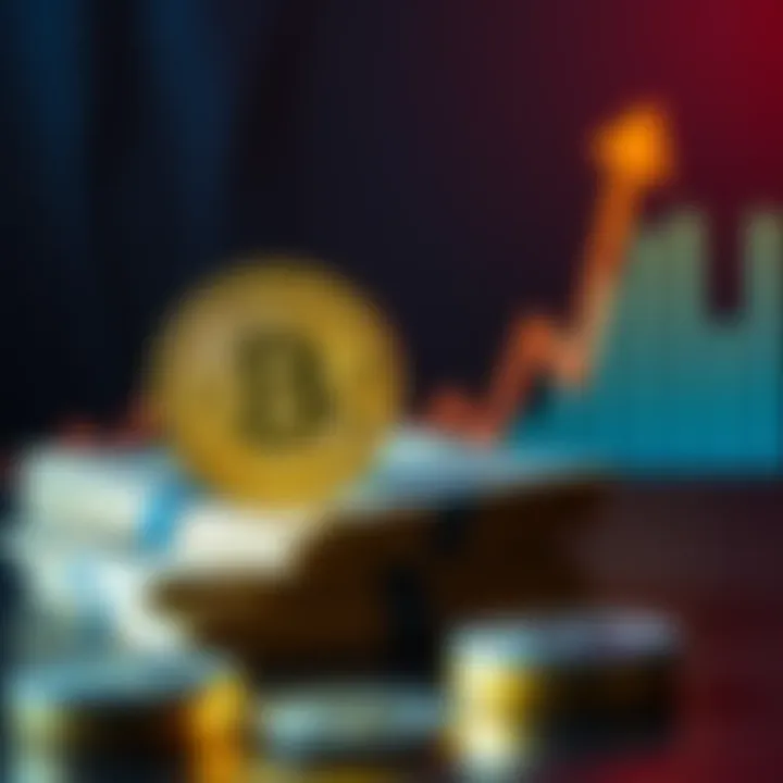 A graphic showing a Bitcoin symbol next to a stack of cash with a rising graph in the background.
