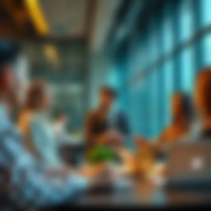 A group of professionals discussing Bitcoin investment strategies in a modern office setting