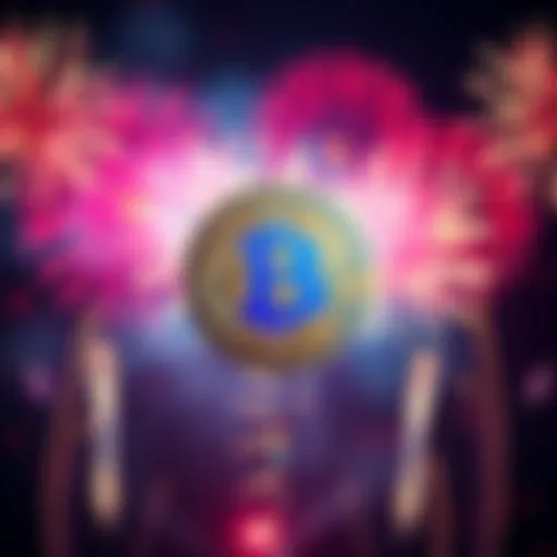 A Bitcoin symbol surrounded by colorful fireworks celebrating Independence Day.