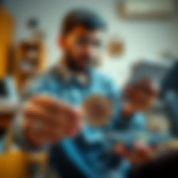 Person holding Bitcoin coins and calculator A software developer in a low-income country calculating Bitcoin savings while holding physical Bitcoin coins