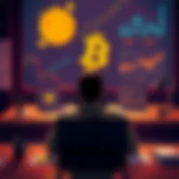 Bitcoin accumulation decision A person contemplating whether to stop buying Bitcoin after reaching their target, sitting at a desk with charts and a laptop.