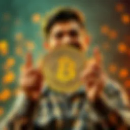 Person celebrating Bitcoin achievement Individual holding a Bitcoin symbol with a big smile, showing excitement over owning 1.3 BTC after hard work.