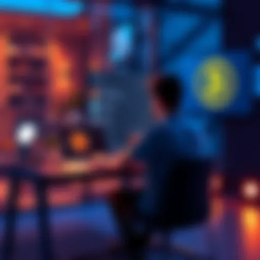A person sitting at a desk with a laptop, looking at cryptocurrency options and a Bitcoin logo on the screen