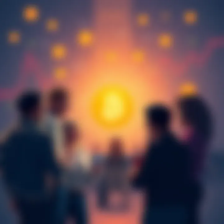 Bitcoin Adoption Triggers A group of diverse people discussing Bitcoin investment with charts and dollar signs in the background